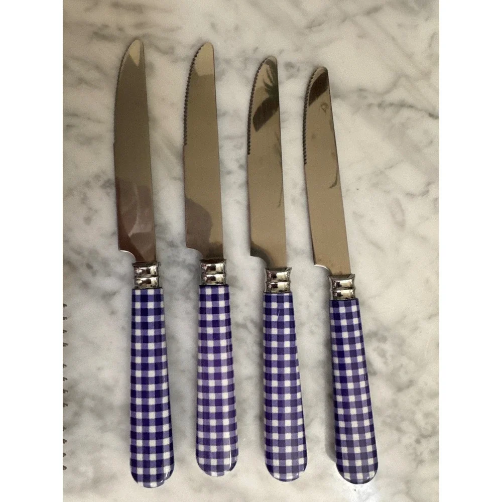 Purple Gingham Flatware Set 11pc Stainless Steel Checkered Knives Forks Spoons